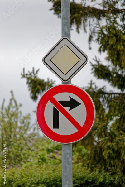Fototapeta European Priority Road Sign with No Right Turn Traffic Sign