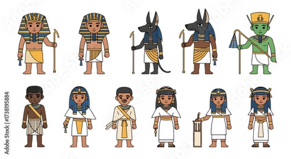 Fototapeta Ancient Egypt stylized characters representation depicting pharaohs gods and people vector art