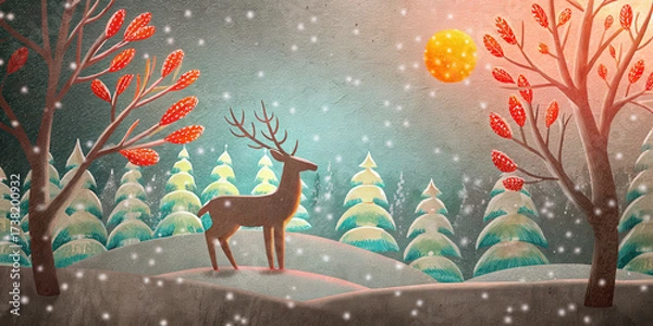 Fototapeta Winter forest with deer and snow falling under orange sun creating peaceful holiday lifestyle scene for Christmas celebration