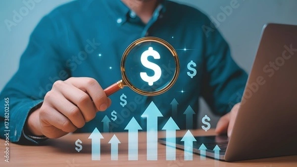 Fototapeta Increase revenue concept. Sales growth and business development. Businessman checking financial data on screen.