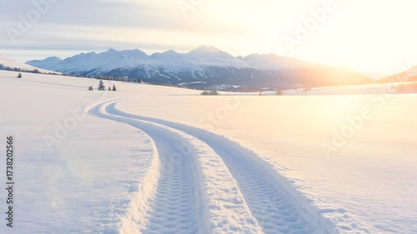 Fototapeta Scenic winter landscape with snowmobile tracks leading towards distant mountains under a bright sunny sky, perfect for travel