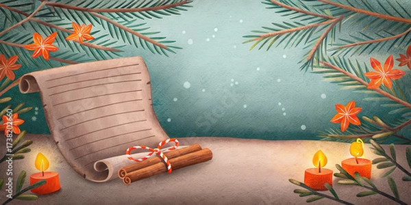 Fototapeta Christmas holiday lifestyle background with blank scroll cinnamon sticks and candles for festive celebration