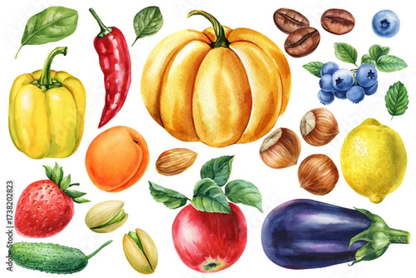 Obraz Watercolor Fruits and Vegetables . Pumpkin, Apple, Lemon, Strawberry, Blueberry, Pepper, Nuts and Coffee Beans Illustration