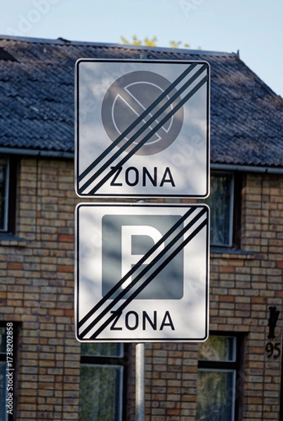 Fototapeta European End of No Parking Zone Sign and End of Parking Zone Sign