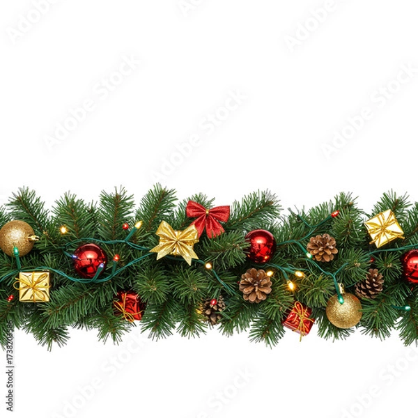 Fototapeta Festive christmas garland with ornaments lights pinecones and bows for holiday decoration isolated on transparent background
