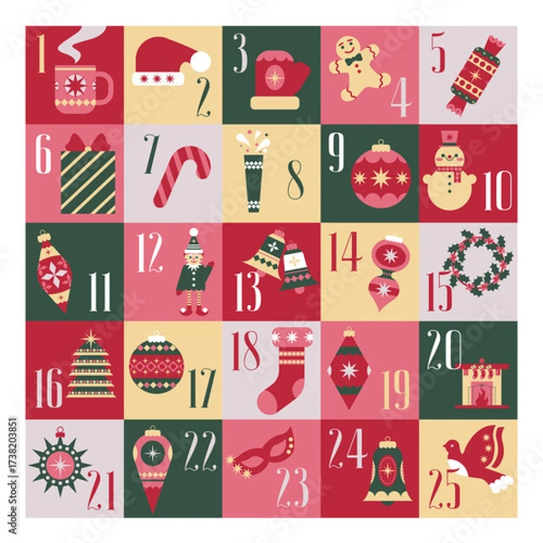Fototapeta December Advent Calendar. Printable Template with Xmas Elements in Modern Geometric Style. Flat Vector Illustration.