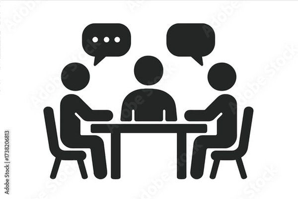 Obraz Business meeting discussion concept, flat vector illustration of people sitting at table debating, team discussion, corporate meeting, communication, teamwork, office collaboration