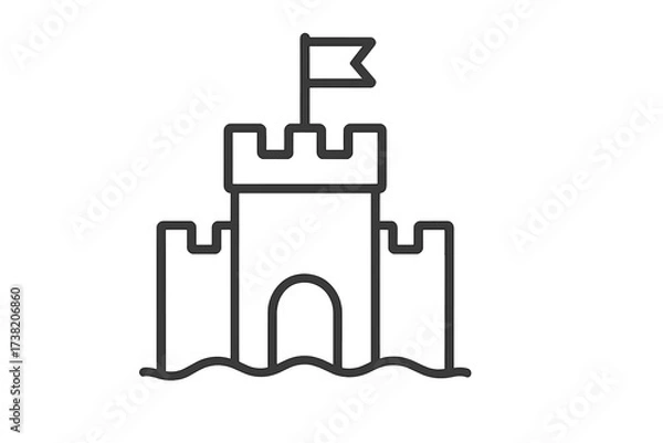 Obraz Minimalist thin line vector illustration of a sandcastle with flag, beach sand castle icon with transparent background, summer vacation symbol, seaside fortress graphic