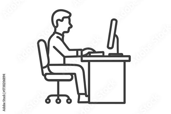 Obraz Vector trendy thin line icon of man sitting at desk using computer, office workspace illustration, business man working on desktop, remote work concept, modern technology background