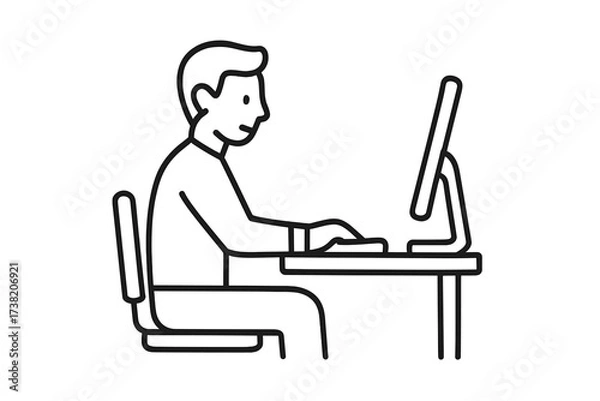 Obraz Vector trendy thin line icon of a man working at a desk on a computer, modern office workspace illustration with transparent background, professional technology concept
