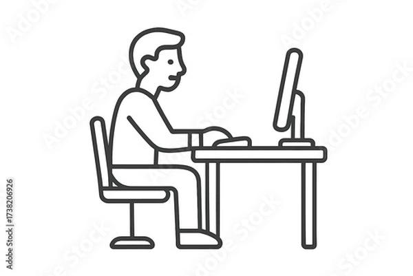 Obraz Trendy thin line vector icon of a man sitting at desk using computer, office work, business professional, remote work illustration, transparent background, minimalist design
