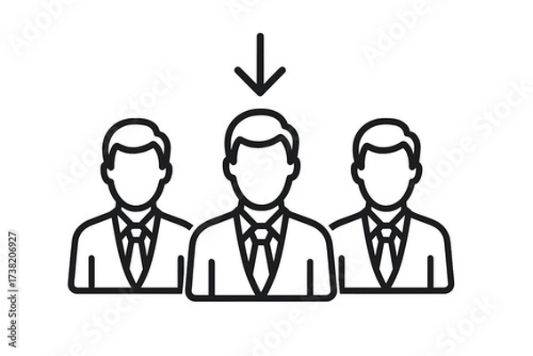 Obraz Trendy thin line icon of three business men with arrow pointing at one, symbolizing job recruitment, success, professional opportunity, candidate selection, career growth