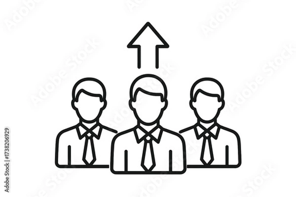 Obraz Vector thin line icon with three business men and an upward arrow highlighting one, symbolizing job recruitment, career success, professional opportunity, and leadership selection concepts