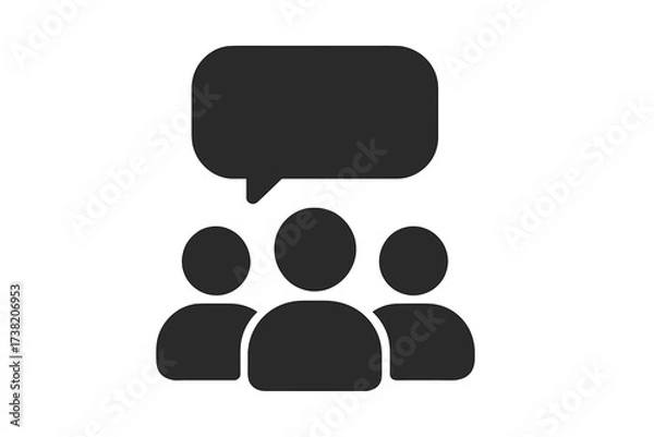 Obraz Vector flat glyph icon with three people and speech bubble, teamwork symbol, business meeting concept, group conversation and discussion illustration, communication icon