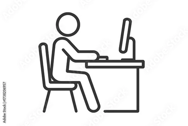 Obraz Minimalist thin line vector icon of a man sitting at a desk working on a computer, modern office concept, digital workspace, productivity, remote work, transparent background