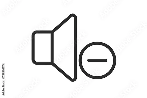 Obraz Volume decrease icon vector, thin line speaker with minus sign, sound volume control symbol, audio mute interface, transparent background illustration, digital sound adjustment graphic