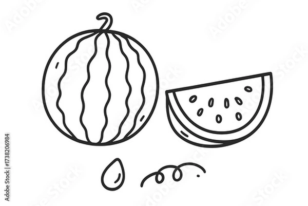 Obraz Watermelon Outline Vector Illustration, Hand-Drawn Doodle Sketch with Slice, Seeds, and Vine, Transparent Background, Fresh Fruit Graphic for Summer, Food, and Natural Concepts