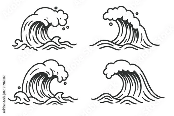 Obraz Hand-drawn cartoon wave vector set with doodle style sea waves, ocean splash illustrations, black line art on transparent background, vintage wave clipart collection for design