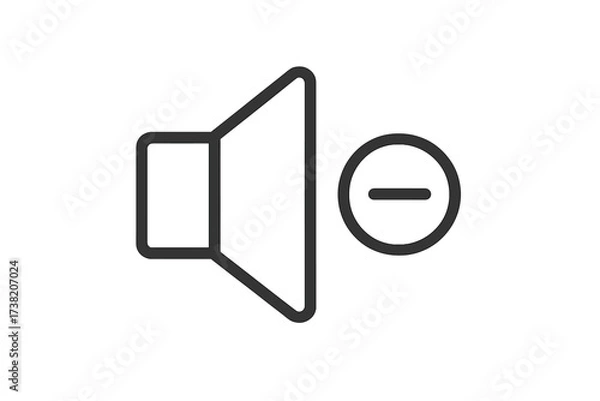 Obraz Volume decrease icon, thin line vector speaker symbol with minus sign, lower sound control illustration, audio mute option, transparent background simple design
