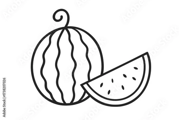 Obraz Watermelon outline illustration vector, doodle style hand-drawn fruit sketch with slice, transparent background, summer food, fresh watermelon drawing for design