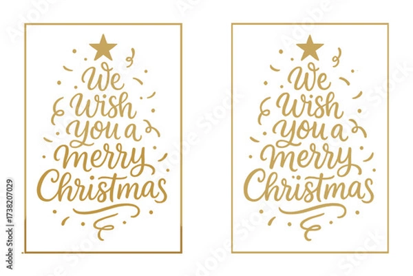 Obraz Elegant Gold Calligraphy "We Wish You A Merry Christmas" Text Message Banner with Christmas Tree Shape, Star, Confetti, and Golden Frames, Holiday Greeting Design Vector Set