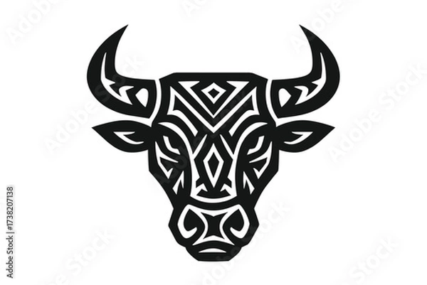 Obraz Tribal bull head vector icon for logo design. Abstract geometric animal silhouette for tattoo. Symbol of power, strength, finance market, and the Taurus zodiac sign.