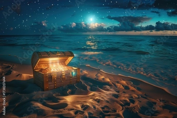 Fototapeta Glowing Pirate Chest on Deserted Island under Moonlight - Mystical Stock Image