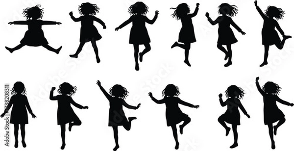 Obraz Girl silhouette, dancing pose, jumping motion, running child, energetic movement, black figure, white background, expressive gesture, active lifestyle, youth action