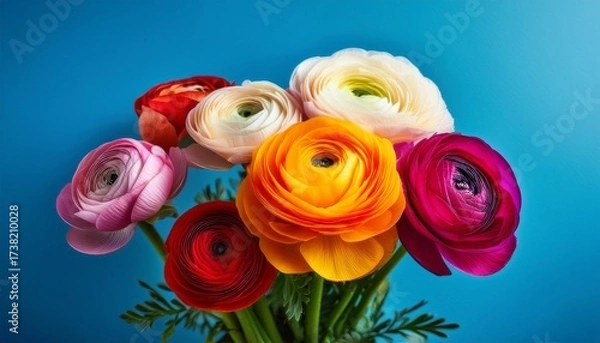 Fototapeta a bouquet of ranunculus flowers in various bright colors stands against a blue backdrop