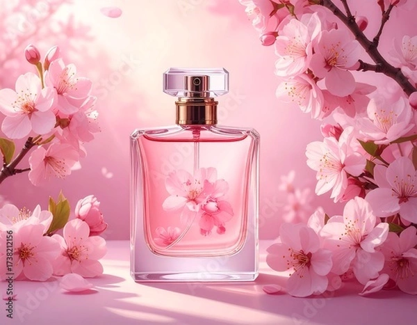 Fototapeta Pink perfume bottle surrounded by cherry blossoms