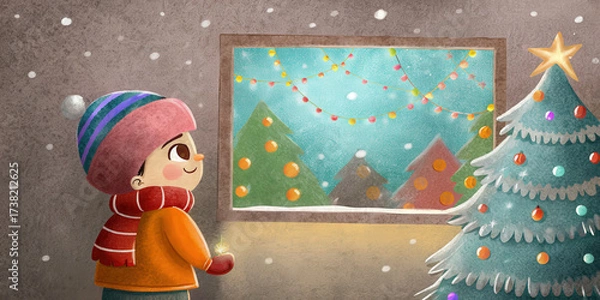Fototapeta Joyful child in winter clothes enjoys holiday spirit by decorated Christmas tree with colorful lights and snow outside window