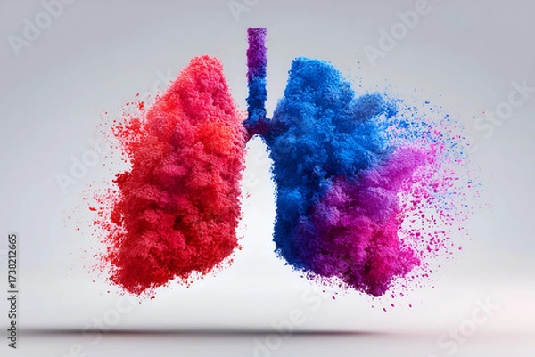 Fototapeta Lungs Exploding into Vibrant Red and Blue Pigment Powder Clouds