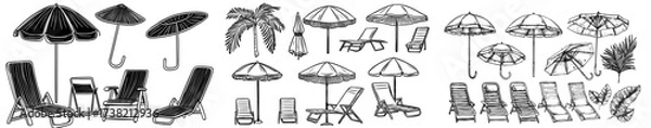 Fototapeta A variety of silhouetted beach scenes featuring umbrellas and lounge chairs in diverse configurations