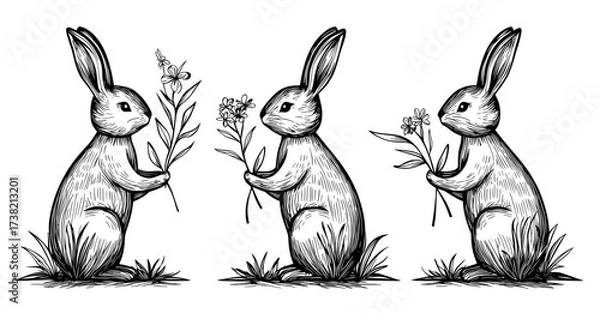 Fototapeta Bunnies in different poses holding flowers are outlined against a white backdrop