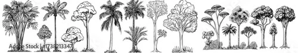Fototapeta Silhouettes of tropical trees and palm outlines are depicted in a modern illustration