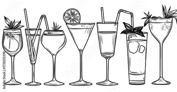Fototapeta The design features various cocktail silhouettes illustrated in black and white