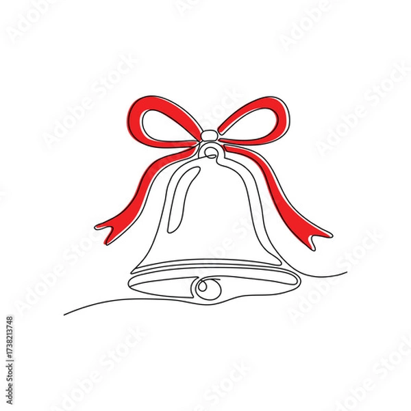 Fototapeta Festive Christmas bell with a red ribbon bow  continuous one-line drawing illustration for holiday projects.