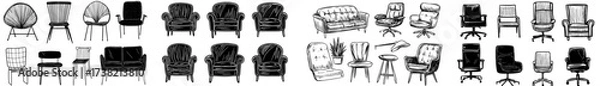 Fototapeta Outlines of different pieces of furniture such as chairs, tables, and plants