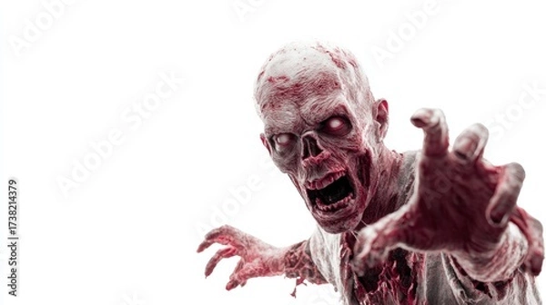 Fototapeta Happy halloween A terrifying zombie with a gaping mouth and outstretched arms emerges against a white background, perfect for horror-themed projects, Halloween promotions, or graphic novels,