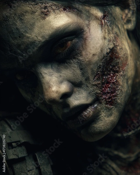 Fototapeta Happy halloween A close-up portrait of a haunting, lifelike figure with a distressed face and eerie features, perfect for horror-themed projects, gaming art