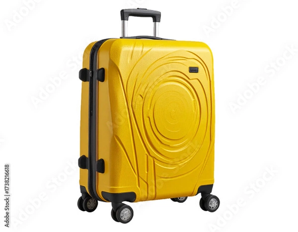 Fototapeta Yellow Rolling Luggage with Durable Shell and Minimalist Circular Pattern Isolated on White