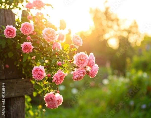 Fototapeta Pink roses bloom in golden sunlight