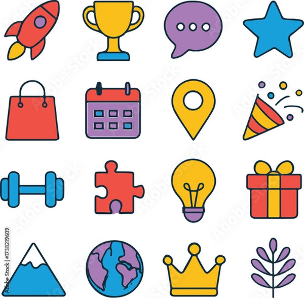 Fototapeta Mixed lifestyle and general purpose icons including rainbow, crown, house, ribbon, calendar, music, person, and more. Great for multipurpose design, web, and social media projects.