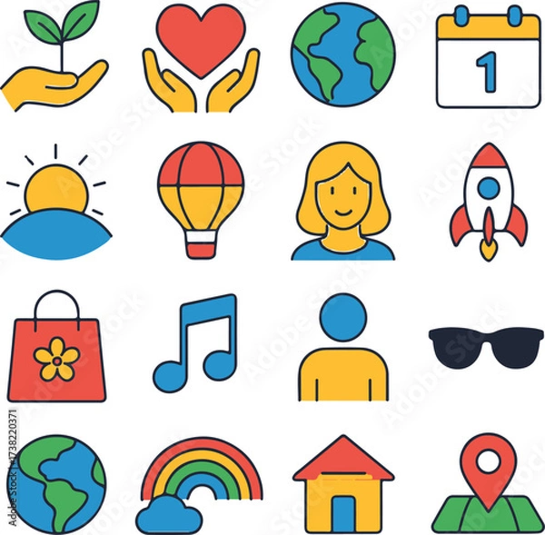 Obraz Shopping, fitness, and lifestyle icons including rocket, bag, dumbbell, puzzle, crown, light bulb, gift, and trophy. Perfect for e-commerce, sports, innovation, and motivation designs.
