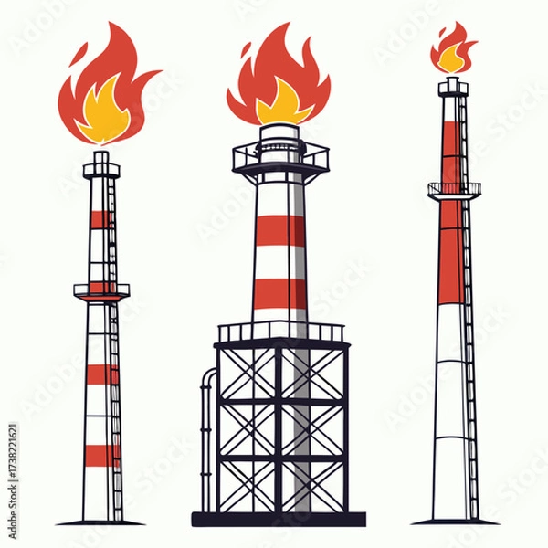 Obraz Three industrial flare stacks with flames burning brightly against a white background representing energy production and waste gas management
