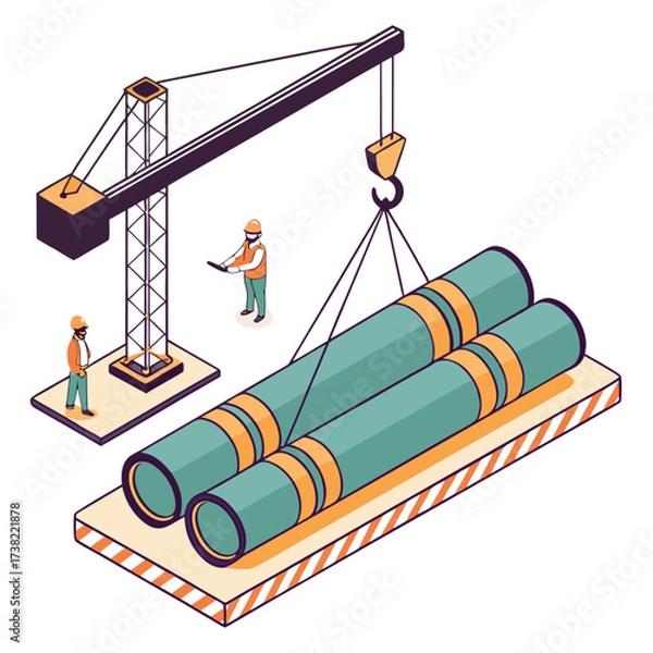 Fototapeta Construction workers overseeing a crane lifting large industrial pipes on a building site with isometric perspective