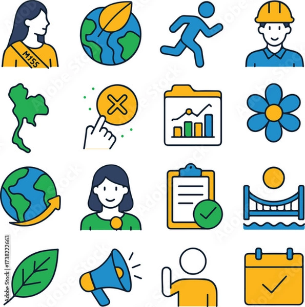 Fototapeta Vector business and office icons with charts, calendar, plant, globe, worker, woman profile, and teamwork signs. Ideal for corporate, education, and office-related projects.
