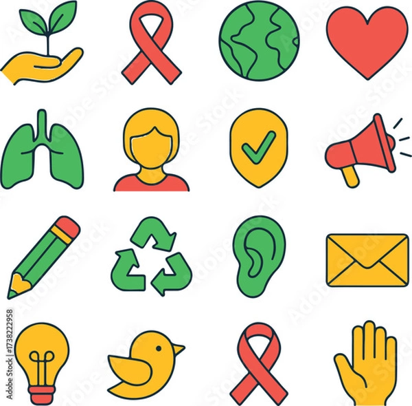 Fototapeta Colorful awareness and nature icons including ribbons, globe, heart, trees, and communication signs. Perfect for campaigns, social causes, environment, and health projects.