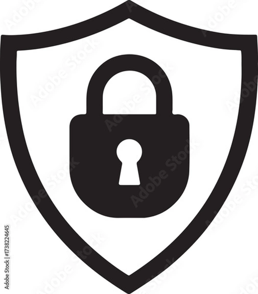 Fototapeta Shield with Padlock Icon Black and White Security and Privacy Symbol