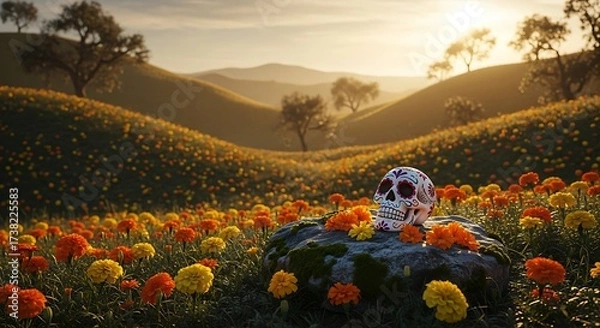 Fototapeta Decorated Sugar Skull in a Golden Marigold Field on Rolling Hills at Sunset, Evoking Day of Dead.